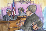 In this courtroom sketch Apple CEO Tim Cook, left, is cross examined by Epic Games lawyer Gary Bornstein, second from right, during a trial in San Ramon, Calif., on Friday, May 21, 2021. Cook described the company's ironclad control over its mobile app store as a way to keep things simple for customers while protecting them against security threats and privacy intrusions during Friday testimony denying allegations he has been running an illegal monopoly. The rare courtroom appearance by one of the world's best-known executives came during the closing phase of a three-week trial revolving around an antitrust case brought by Epic Games, maker of the popular video game Fortnite. (Vicki Behringer via AP)