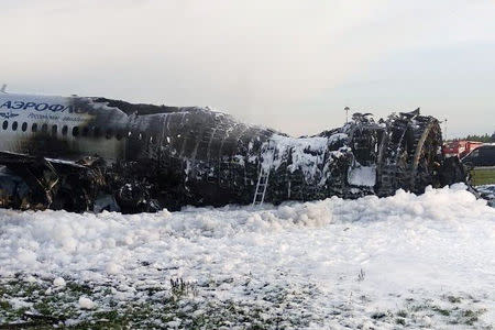 A view shows a damaged Aeroflot Sukhoi Superjet 100 passenger plane after an emergency landing at Moscow's Sheremetyevo airport, Russia May 5, 2019. Picture taken May 5, 2019. City News "Moskva"/Handout via REUTERS