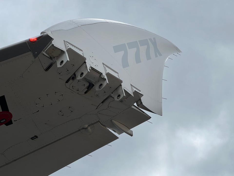 Boeing 777X flying display at the  Farnborough International Air Show 2022.