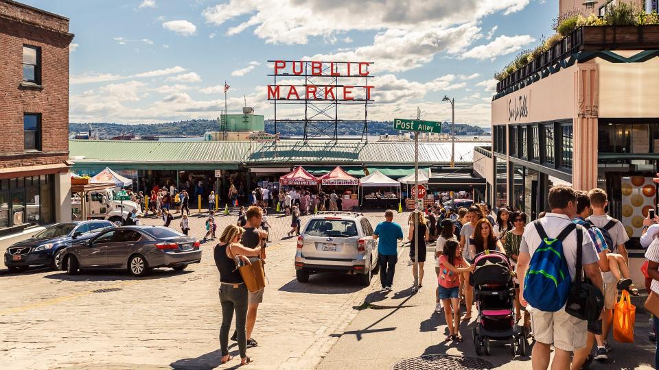 Seattle, Washington, USA - July 6, 2018: Pike Place Market or Public Market Center in summer season, Seattle, Washington, USA.