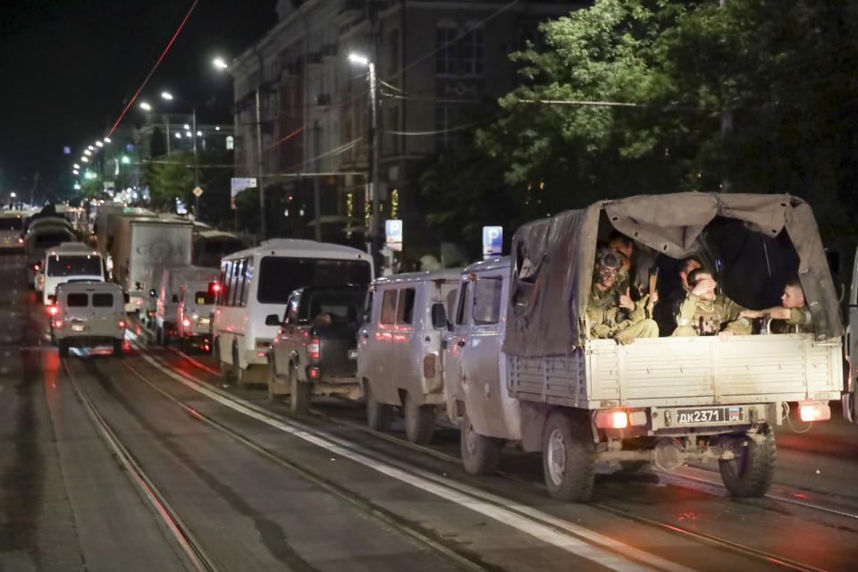 FILE - Members of the Wagner Group military company sit in their military vehicles as they prepare to leave an area at the HQ of the Southern Military District in a street in Rostov-on-Don, Russia, Saturday, June 24, 2023. Russia’s rebellious mercenary chief Yevgeny Prigozhin walked free from prosecution for his June 24 armed mutiny, and it’s still unclear if anyone will face any charges in the brief uprising against the military or for the deaths of the soldiers killed in it. (AP Photo, File)