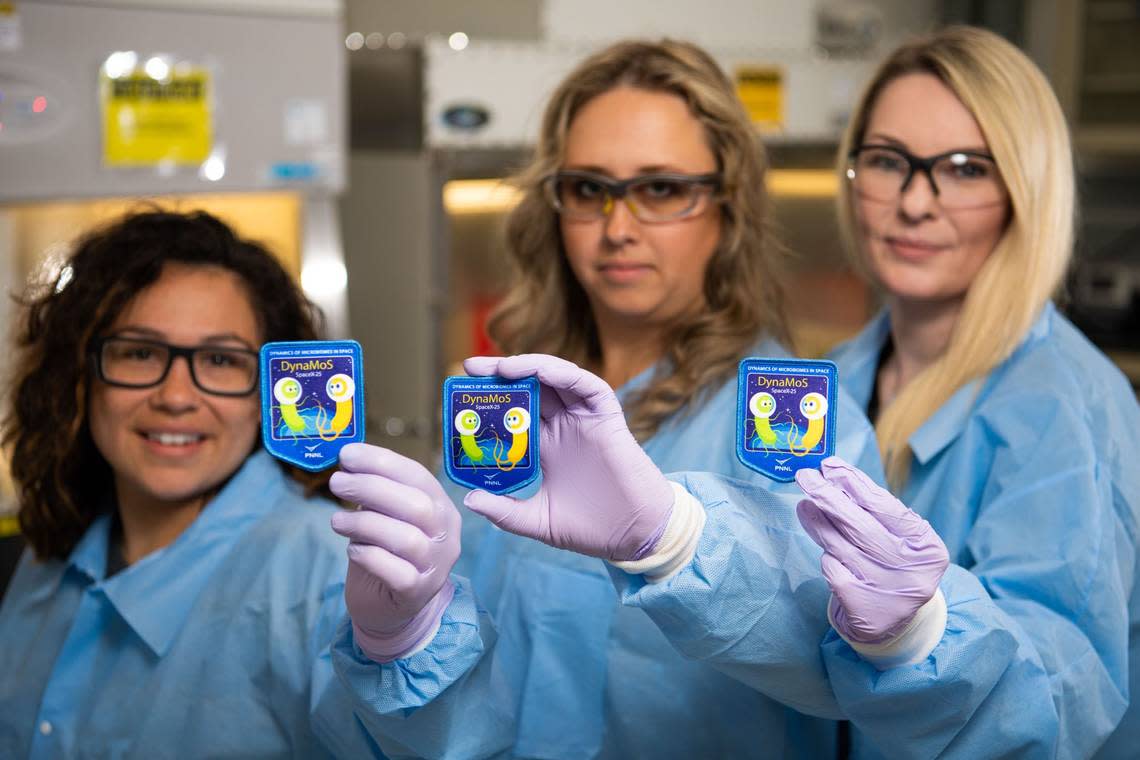 Like the patches worn by astronauts to represent their mission, the patches displayed proudly here by PNNL researchers (from left to right) Marci Garcia, Yuliya Farris and Kim Hixson were designed to commemorate their project, which involves sending microbes to space.