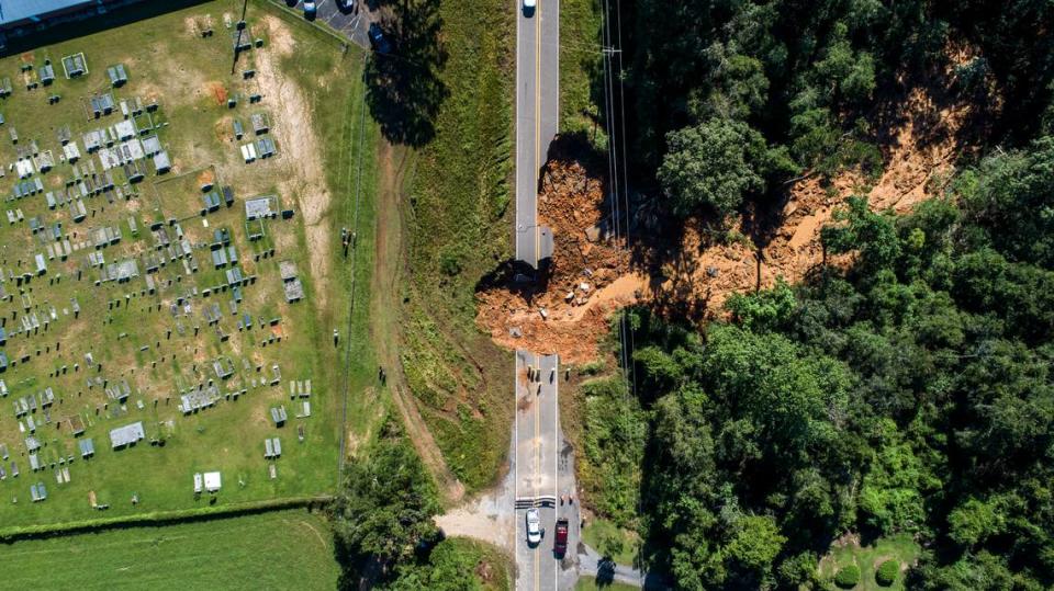 A drone photograph shows the scene where a section Highway 26 collapsed the night of Aug. 30, 2021, in the Benndale community of George County, MS. Travis Long/tlong@newsobserver.com