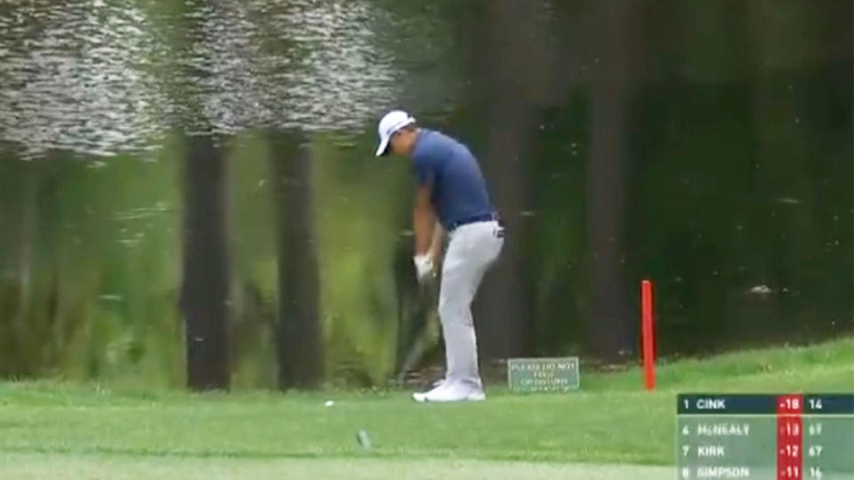 World No.4 Collin Morikawa (pictured) about to take a chip shot with an alligator behind him.