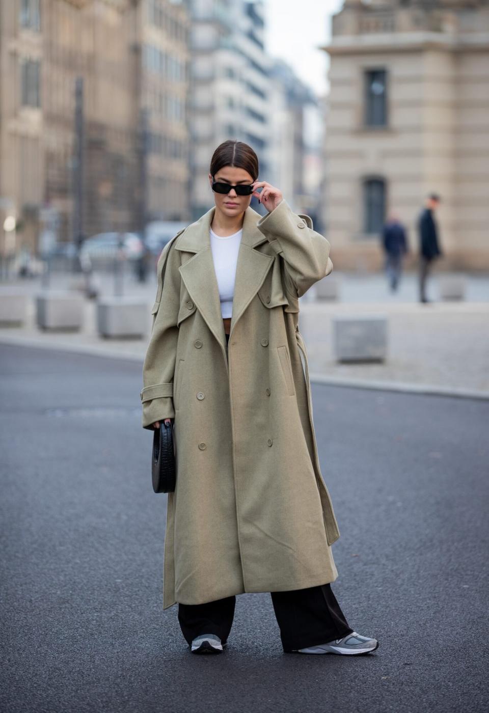 Tan Trench Coat, Black Pants