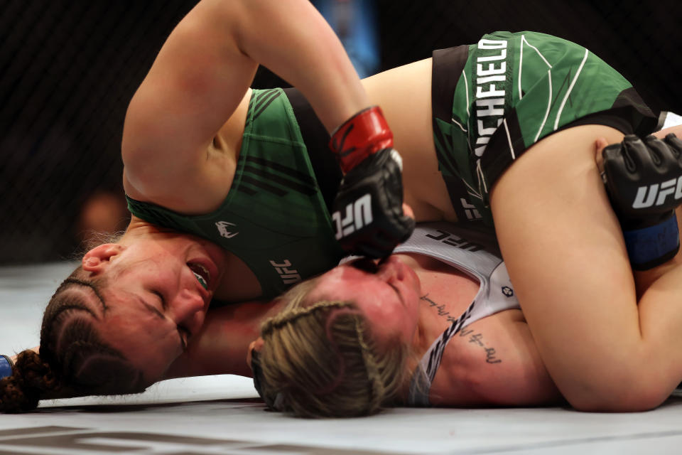 NEW YORK, NEW YORK - NOVEMBER 12:  Erin Blanchfield battles Molly McCann in their Women Flyweight fight during UFC 281 at Madison Square Garden on November 12, 2022 in New York City. (Photo by Jamie Squire/Getty Images)