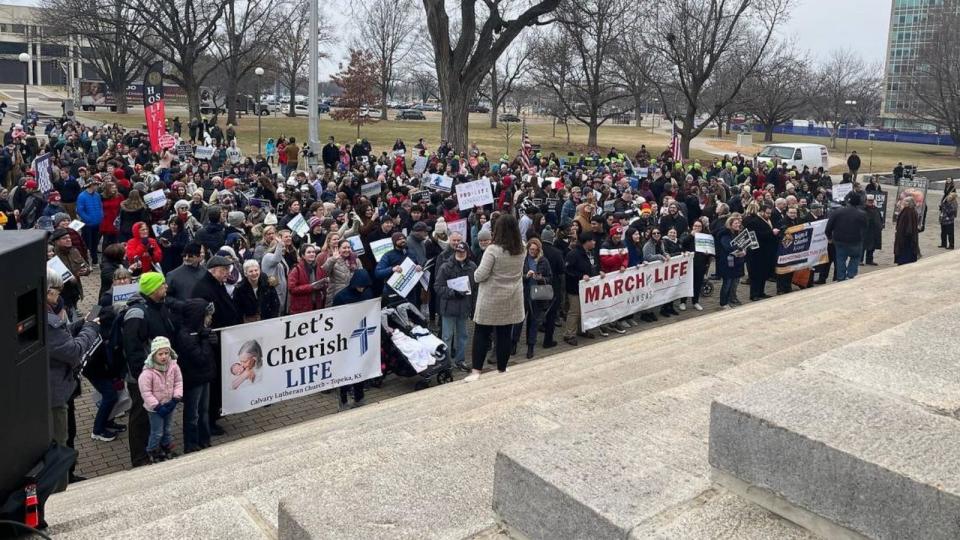 PHOTO: Anti-abortion activists gather at the steps of the Kansas State Capitol, April 25, 2023, in Topeka, Kan. (Katie Bernard/The Kansas City Star/Tribune News Service via Getty Images, FILE)
