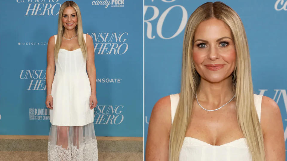 Candace Cameron Bure wearing white at the premiere of "Unsung Hero."