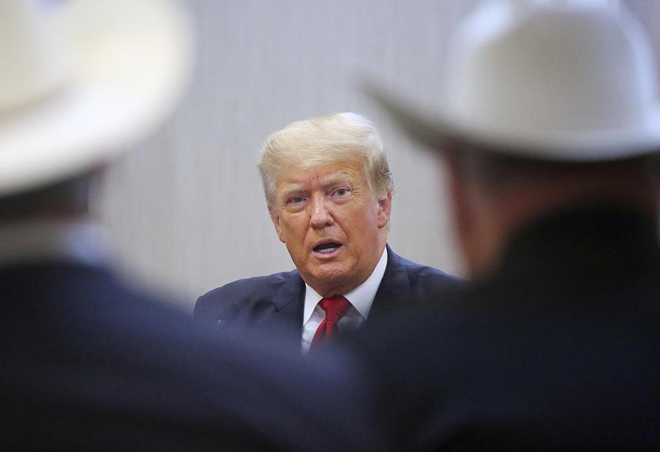 Former President Donald Trump speaks at a border security briefing at the Texas DPS Weslaco Regional Office on Wednesday, June 30, 2021, in Weslaco, Texas. (Joel Martinez/The Monitor via AP, Pool)