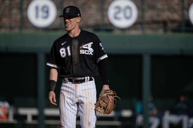 Zach Remillard of the Chicago White Sox reacts after a single