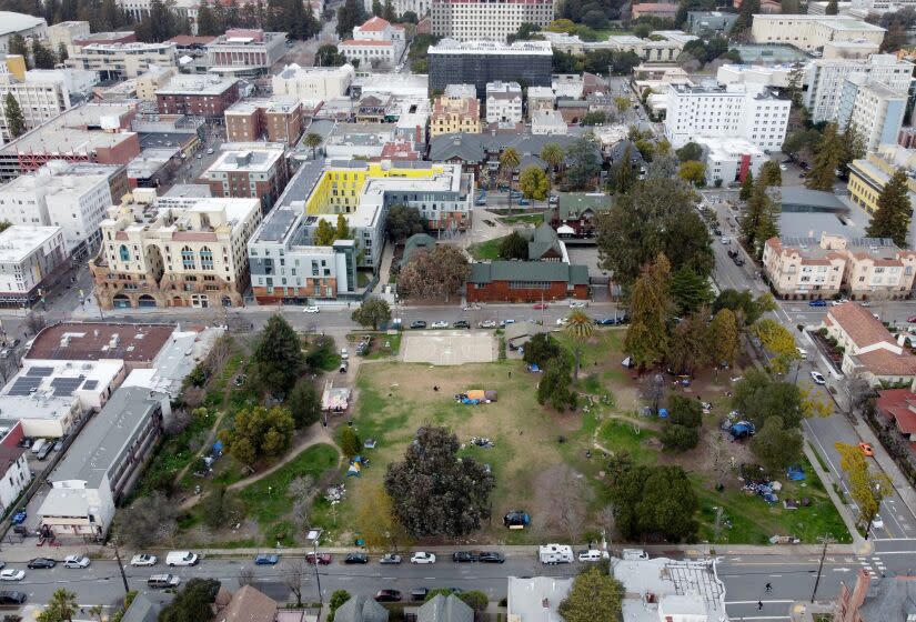 Homeless tents are seen in People's Park from this drone view in Berkeley, Calif., on Tuesday, Feb. 9, 2021.