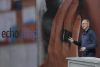 Dave Limp, senior vice president for Amazon devices & services, talks about the Echo Loop - a ring enabled with the company's Alexa personal assistant technology, as he speaks Wednesday, Sept. 25, 2019, during an event in Seattle. The ring is considered an emerging technology device and will be be available for purchase by select customers. (AP Photo/Ted S. Warren)