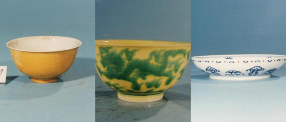暗龍白裏小黃瓷碗（左起）、嬌黃綠彩雙龍小碗和青花花卉盤為明清時代文物。（故宮提供）