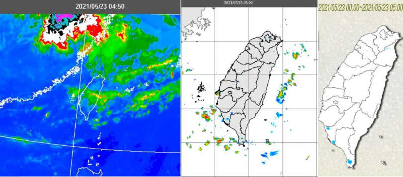 今（23日）晨觀測資料顯示，華南強對流消散後，仍有部分殘餘的高層雲，飄至台灣上空（左）。5時雷達回波圖顯示，台灣西南沿海有小胞狀回波（中）；5時累積雨量圖顯示，西南沿海有零星降雨（右）。（圖／「三立準氣象· 老大洩天機」專欄）