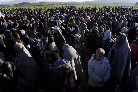 Stranded migrants gather next to the Greek-Macedonian border near the village of Idomeni, Greece, December 3, 2015. REUTERS/Alexandros Avramidis