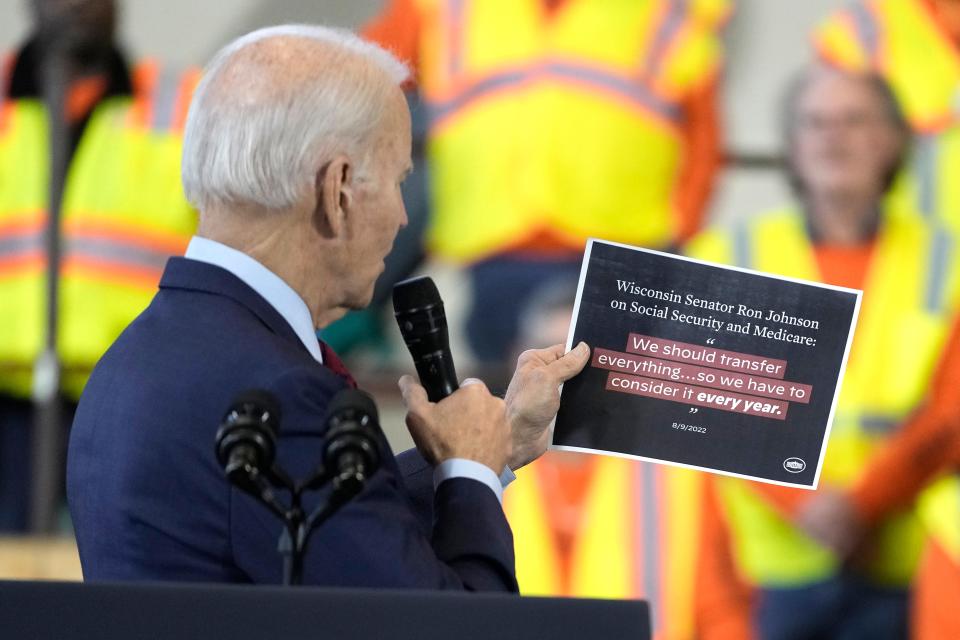 President Joe Biden delivers remarks on his economic agenda Wednesday at a training center run by Laborers' International Union of North America in DeForest.