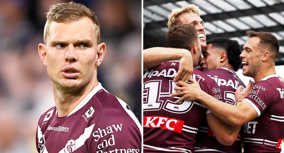 Pictured Tom Trbojevic left and right Manly celebrate Tolu Koula try