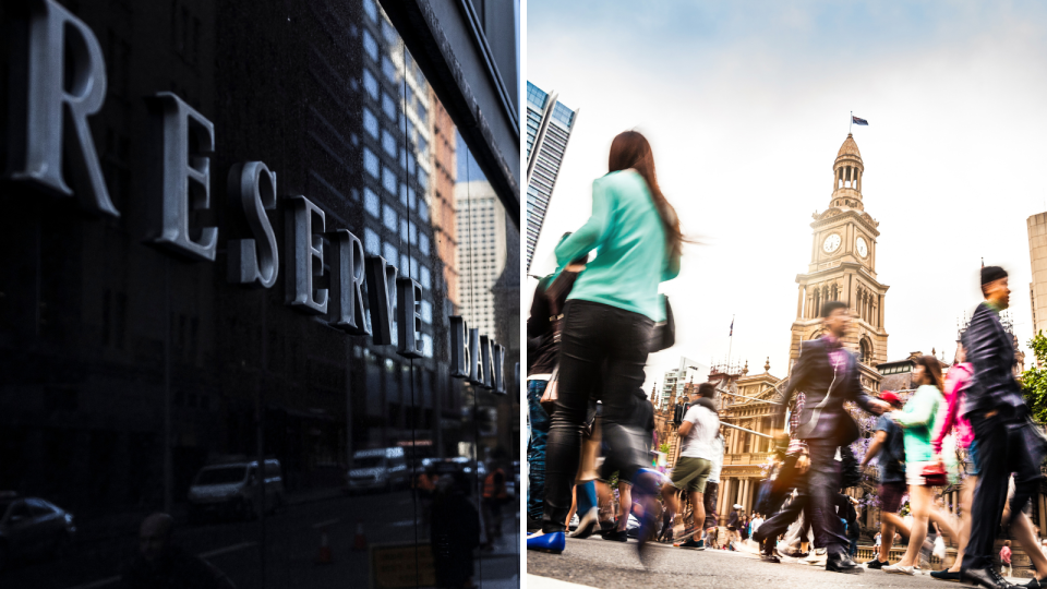 Composite image of the external of the RBA, and blurred pedestrians crossing a busy street.