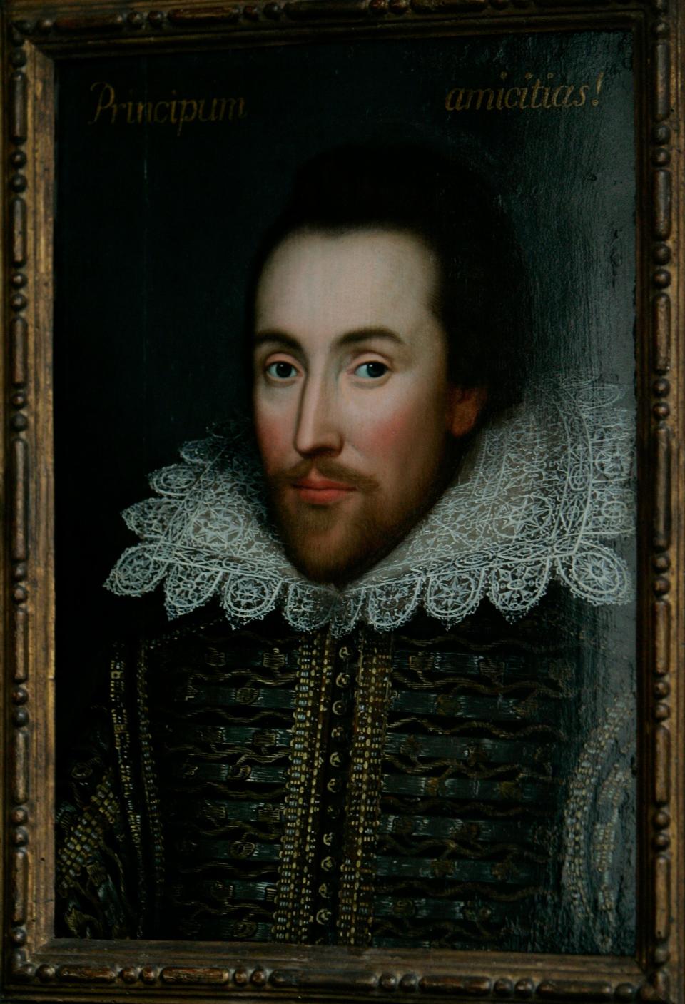 A newly discovered portrait of William Shakespeare, presented by the Shakespeare Birthplace trust, is seen in central London, Monday March 9, 2009. The portrait, believed to be almost the only authentic image of the writer made from life, has belonged to one family for centuries but was not recognized as a portrait of Shakespeare until recently. There are very few likenesses of Shakespeare, who died in 1616.