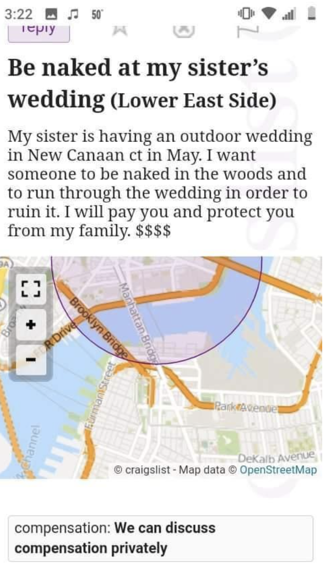 A woman trying to hire someone to be naked at her sister's wedding