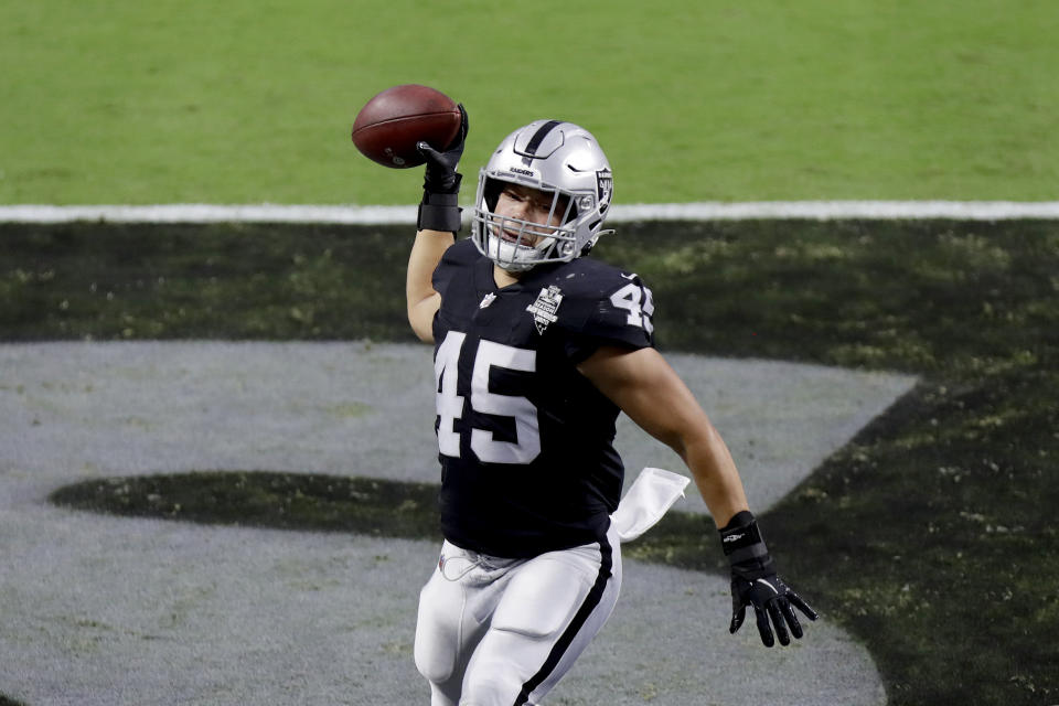 Las Vegas Raiders fullback Alec Ingold (45) celebrates after scoring a touchdown against the New Orleans Saints during the first half of an NFL football game, Monday, Sept. 21, 2020, in Las Vegas. (AP Photo/Isaac Brekken)
