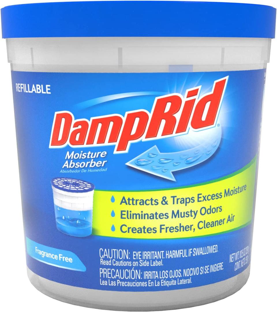 A tub of DampRid Refillable Moisture Absorber on a white background