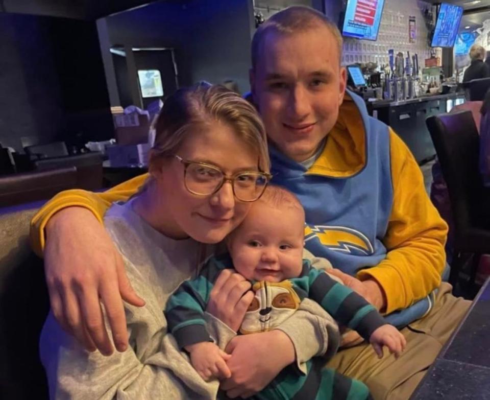 Alexander Price (right), 25, of Portsmouth, was killed in a crash Thursday night, leaving behind his fiancé Jordan (left) and young son Carter (center).