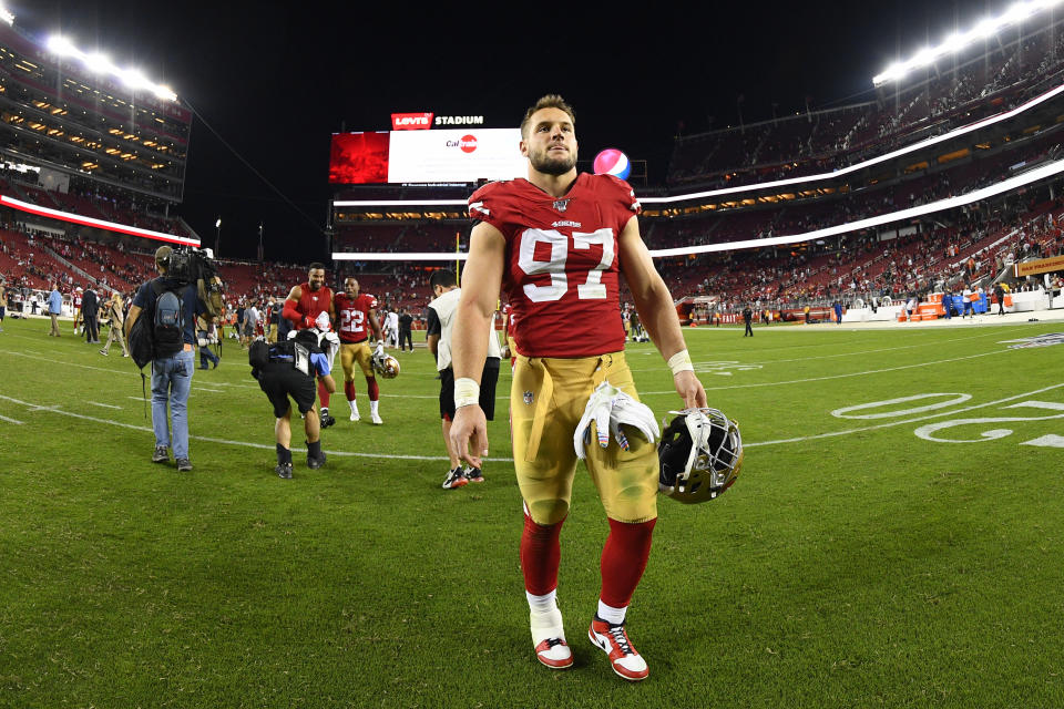 SANTA CLARA, CA - OCTOBER 07: San Francisco 49ers Defensive End Nick Bosa (97) walks off the field after the National Football League game between the Cleveland Browns and the San Francisco 49ers on October 7, 2019, at Levi's Stadium in Santa Clara, CA. (Photo by Brian Rothmuller/Icon Sportswire via Getty Images)