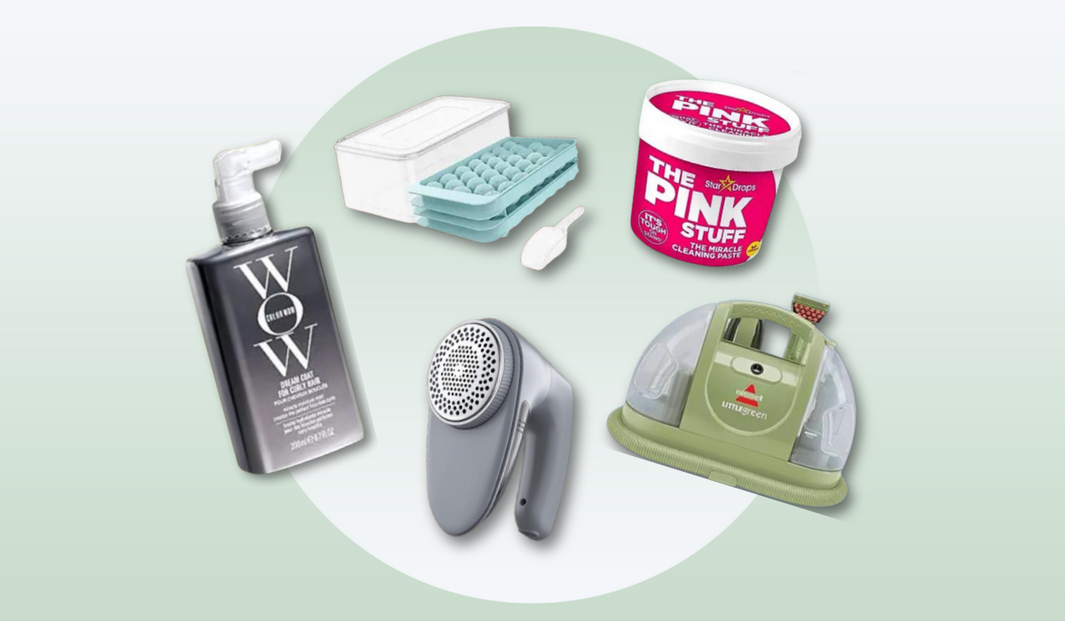 Wow hair spray, ice sphere tray, The Pink Stuff cleaner, Bissell Little Green cleaner, fabric shaver