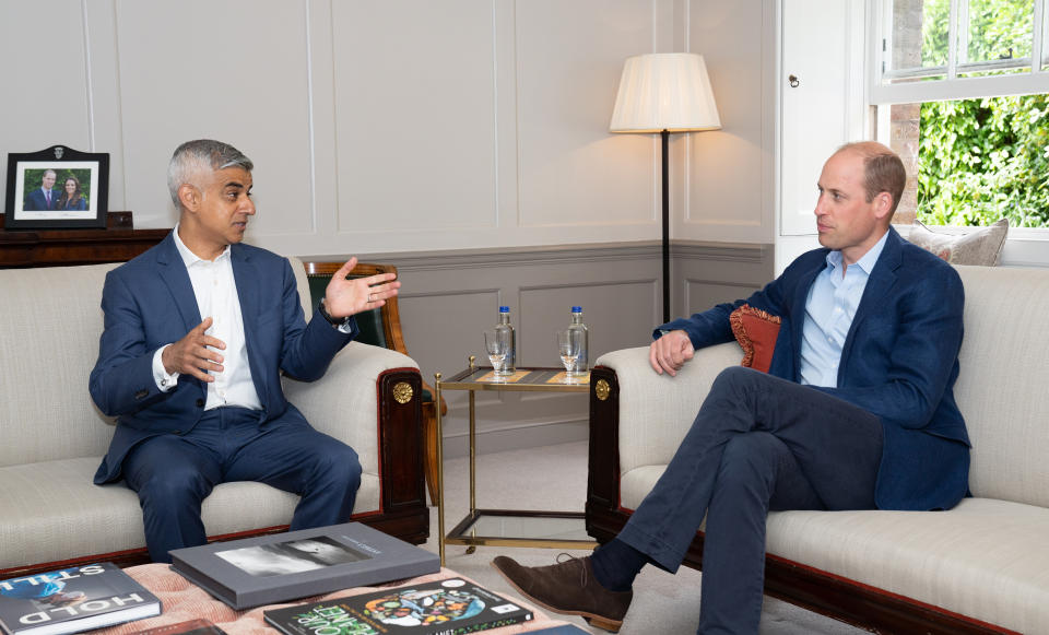 LONDON, ENGLAND - UNDATED: In this undated handout photo provided by Kensington Palace,  Prince William, Duke of Cambridge meets with the Mayor of London Sadiq Khan at Kensington Palace in London, England. The Earthshot Prize will hold its first-ever awards ceremony at Alexandra Palace on 17 October, featuring other famous landmarks across the UK’s capital city as part of the historic event. Founded by Prince William in 2020 and inspired by President Kennedy’s ‘Moonshot’, The Earthshot Prize is a global environmental prize which aims to discover and scale the best solutions to help repair our planet over the next 10 years. Every year from 2021 until 2030, The Earthshot Prize will find and reward inclusive solutions to five ‘Earthshot’ goals - Protect and restore nature; Clean our air; Revive our oceans; Build a waste-free world; and Fix our climate. Prize winners will each receive a £1 million prize fund and tailored support to scale their solutions. The finalists will be announced in July.  The Mayor of London, Sadiq Khan said he welcomes The Earthshot Prize awards to London, the first international city to host the ceremony.  (Photo by Kensington Palace via Getty Images)