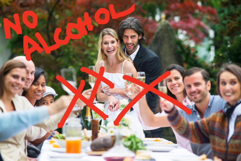 An outdoor wedding gathering with "No alcohol xxx" written over the photo