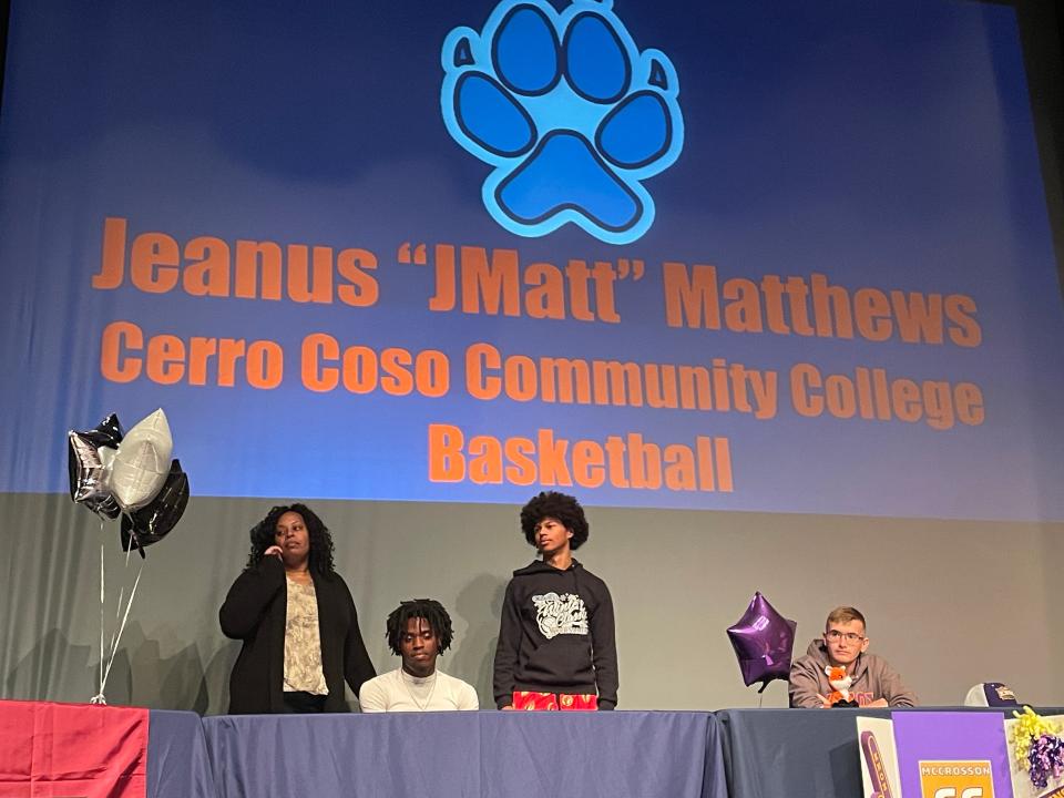 Jeanus Matthews waits to sign to play college basketball in a ceremony at Cocoa Beach's auditorium on May 8, 2024.