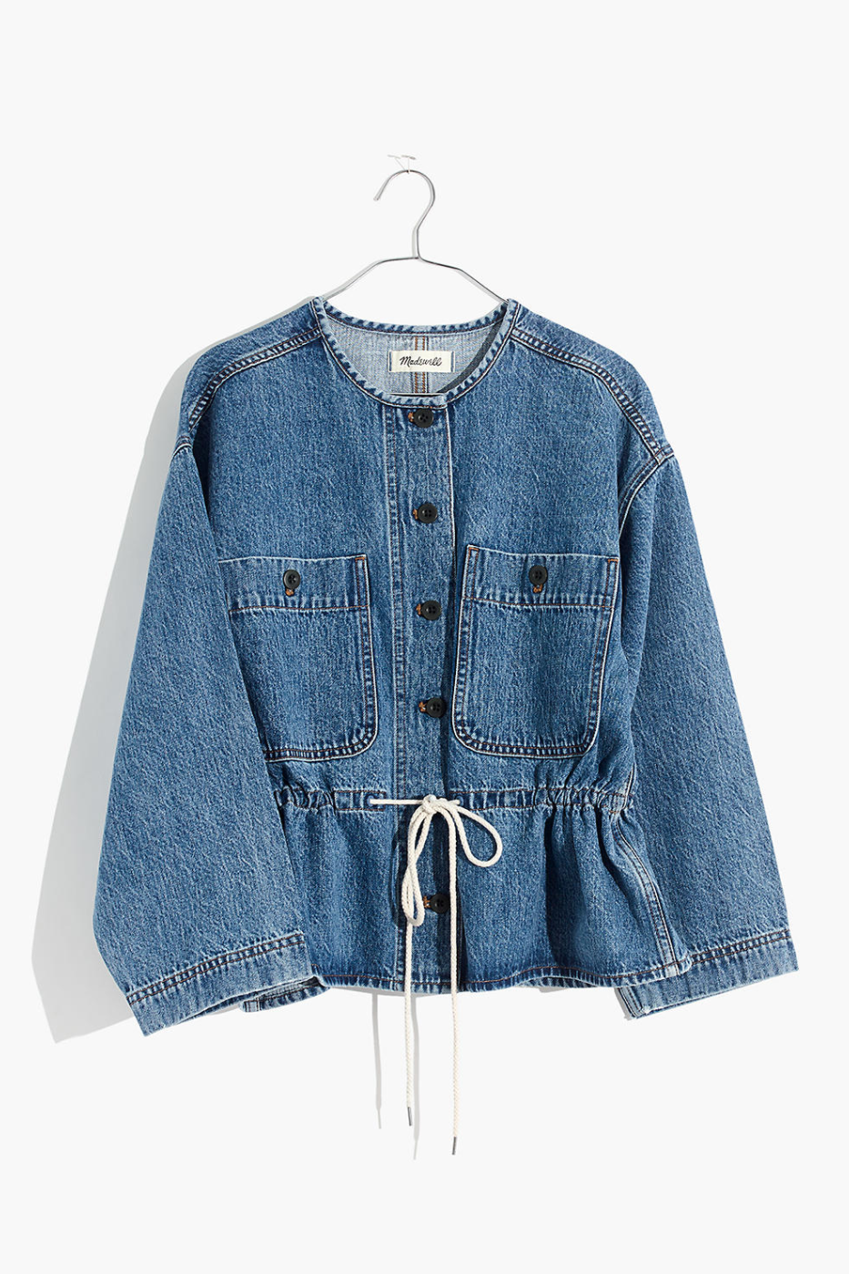 <p><strong>Madewell</strong></p><p>madewell.com</p><p><a href="https://go.redirectingat.com?id=74968X1596630&url=https%3A%2F%2Fwww.madewell.com%2Fdenim-claremont-drawstring-jacket-in-saybrook-wash-AL897.html&sref=https%3A%2F%2Fwww.elle.com%2Ffashion%2Fshopping%2Fg33605244%2Fmadewell-secret-stock-sale%2F" rel="nofollow noopener" target="_blank" data-ylk="slk:SHOP IT;elm:context_link;itc:0;sec:content-canvas" class="link ">SHOP IT </a></p><p><del>$138</del><strong><br>$39.97</strong></p><p>With a drawstring waistline and collarless silhouette, this bohemian pick gives the typical jean jacket a cool, modern flair. At $100 off the original price it's a no-brainer. </p>