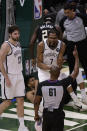 Brooklyn Nets forward Kevin Durant (7) argues a call against him during the second half of Game 6 of the team's second-round NBA basketball playoff series against the Milwaukee Bucks on Thursday, June 17, 2021, in Milwaukee. (AP Photo/Jeffrey Phelps)