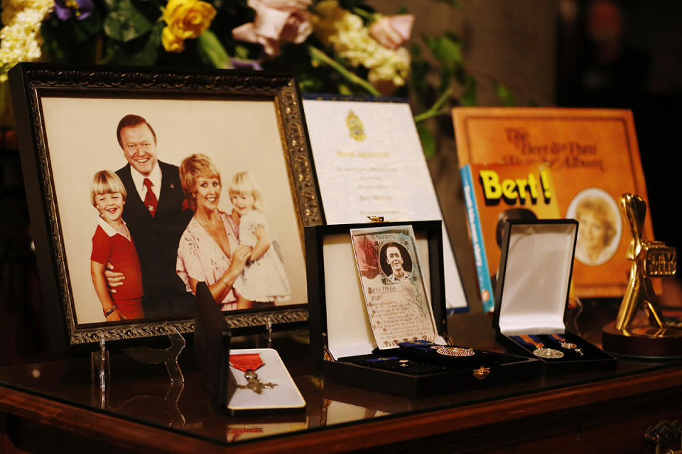 A family photo, tributes and awards are on display ahead of the state funeral for Australian actor Bert Newton at St Patrick's Cathedral on November 12, 2021 in Melbourne, Australia