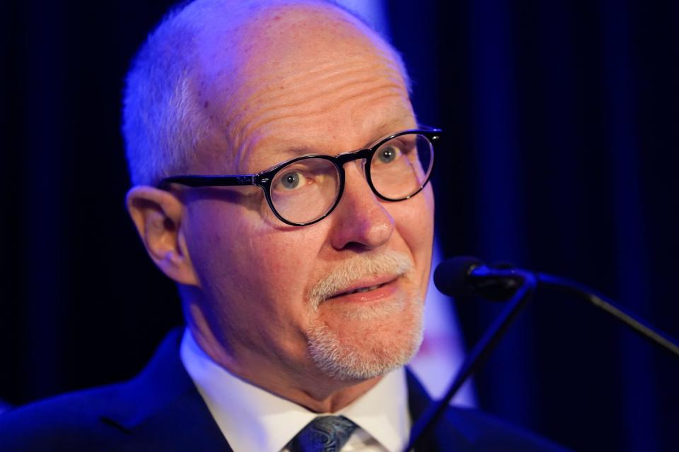 Chicago mayoral candidate Paul Vallas addresses his supporters after conceding the runoff election to his opponent Brandon Johnson, at his watch party, Tuesday, April 4, 2023, in Chicago.