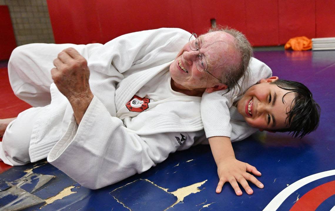 Eighty-three year old Myra Kirk-Goode is pitted against a Rhett Delsid, 8, during her judo class Wednesday, April 17, 2024 in Clovis. Myra is a 7th degree black belt in judo.