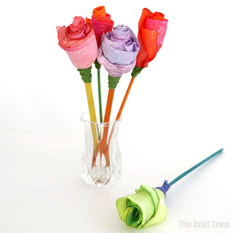 <p>The Craft Train</p><p>Don’t worry about buying flowers for your centerpiece; this floral arrangement can be made with paper towels! Go to <a href="https://www.thecrafttrain.com/how-to-make-a-rose-from-paper-towel/" rel="nofollow noopener" target="_blank" data-ylk="slk:The Craft Train;elm:context_link;itc:0;sec:content-canvas" class="link "><em>The Craft Train</em></a> for more info.</p>