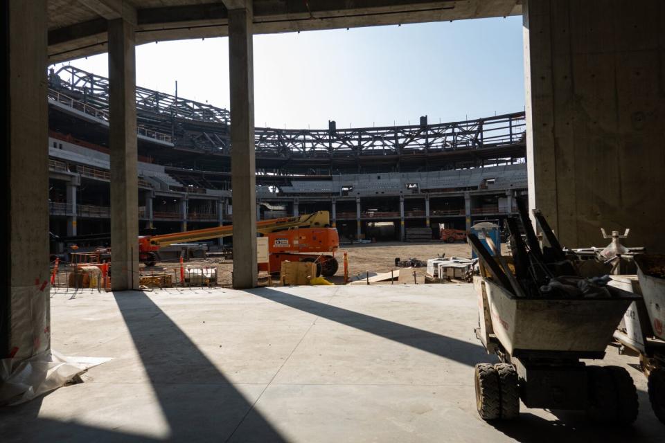 A look at the inner bowl section of the Intuit Dome under construction in Inglewood.