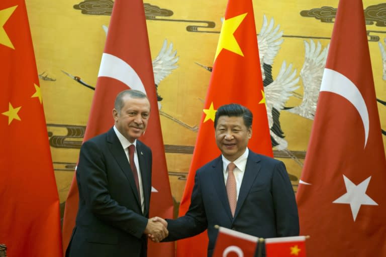 Chinese President Xi Jinping welcomes Turkey's President Recep Tayyip Erdogan (L) at the Great Hall of the People in Beijing on July 29, 2015