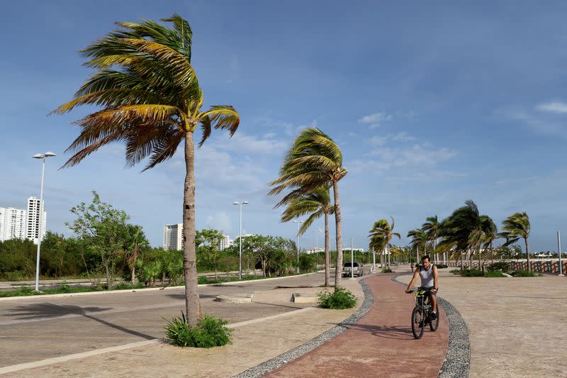 FILE PHOTO: A man rides his bicycle while palm trees sway in the wind as Hurricane Zeta approaches Cancun