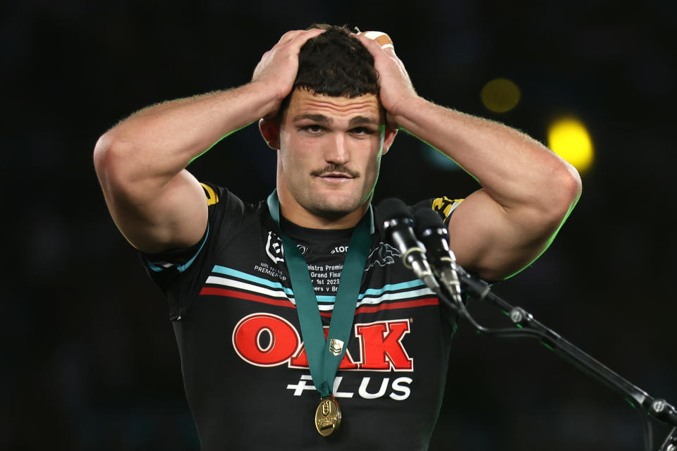 Nathan Cleary makes a speech.