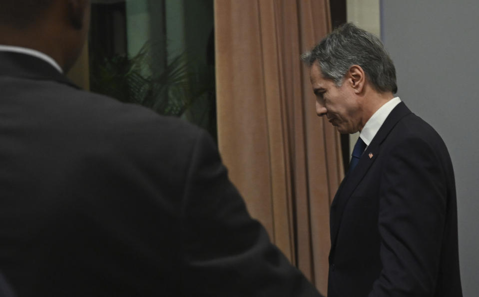 US Secretary of State Antony Blinken, leaves after a press conference with Nigeria's Minister of Foreign Affairs Yusuf Tuggar, at the Presidential Villa, in Abuja, Nigeria, Tuesday, Jan. 23, 2024. (Andrew Caballero-Reynolds/Pool Photo via AP)