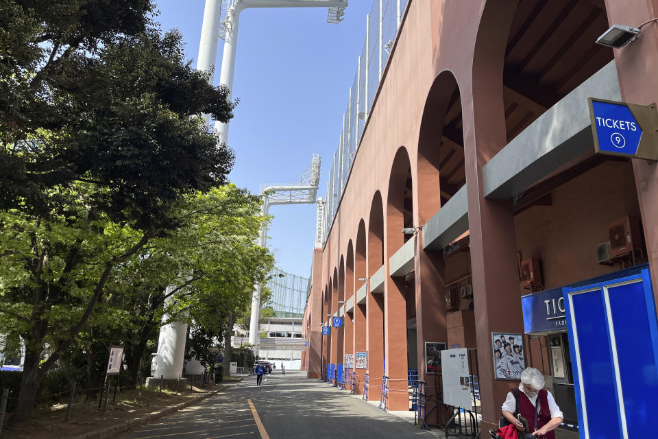 A part of the Meiji Jingu baseball stadium is seen Tuesday, April 11, 2023, in Tokyo. The historic baseball stadium in Tokyo where Babe Ruth played could be demolished, part of a disputed redevelopment plan harshly criticized by environmentalists. (AP Photo/Stephen Wade)