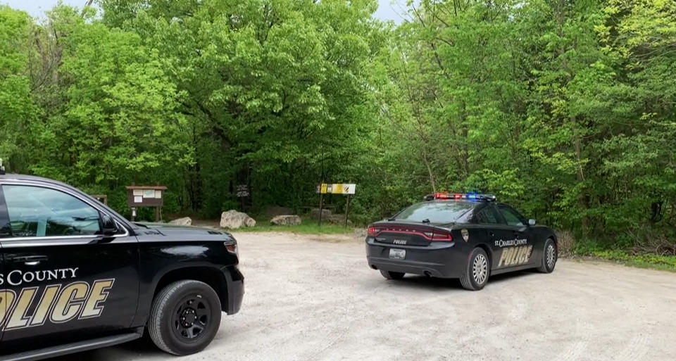 St. Charles County Police respond to an incident at a hiking trail where a hunter accidentally shot a hiker in St. Charles, Mo., on May 8, 2021. (KSDK)