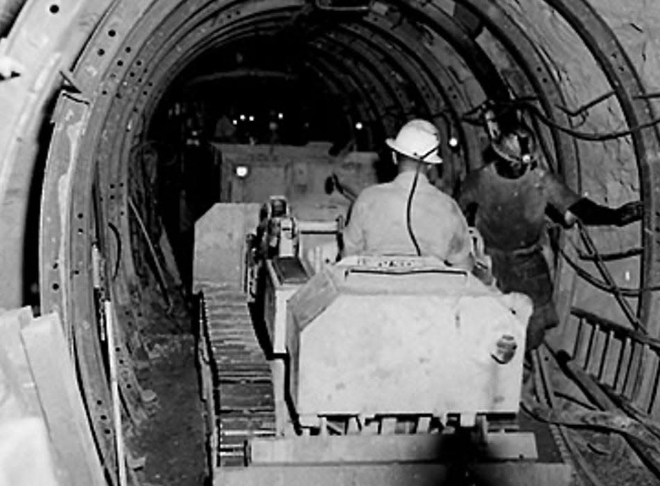 Calleguas Municipal Water District receives its potable water supply through the Santa Susana Tunnel. This photo shows the tunnel during construction. It was completed in 1962.