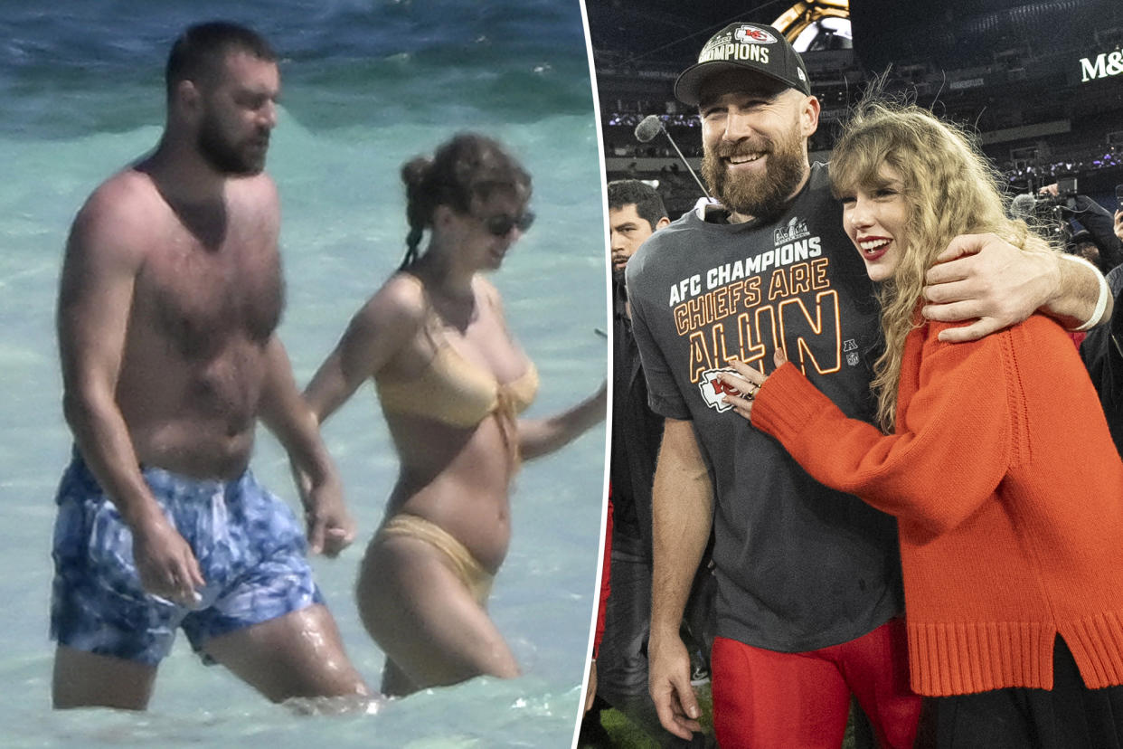 (Left) Taylor Swift and Travis Kelce vacation on Harbour Island, Bahamas - Thursday, March 21, 2024. (Right) Kelce and Swift at 2024 Super Bowl.
