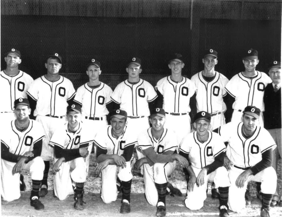 The Oldenburg Villagers of the Tri-County Baseball League. Ace Moorman is fourth from the left in the first row, Charlie Koester is second from the left in the second row.