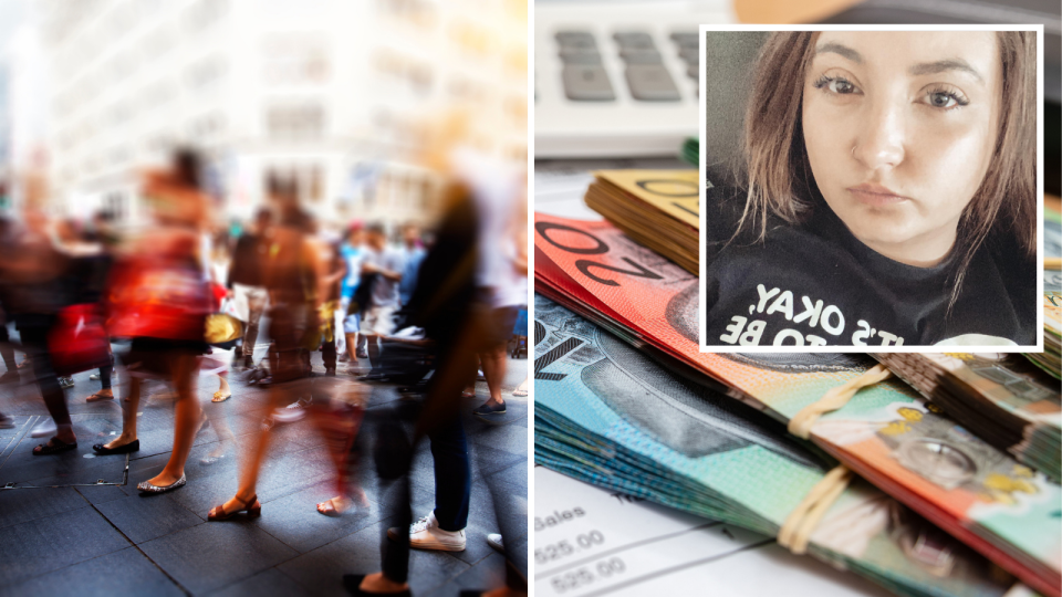 Pictured: Australian pedestrians, wad of Australian cash, Kate Edwards looks at camera. 