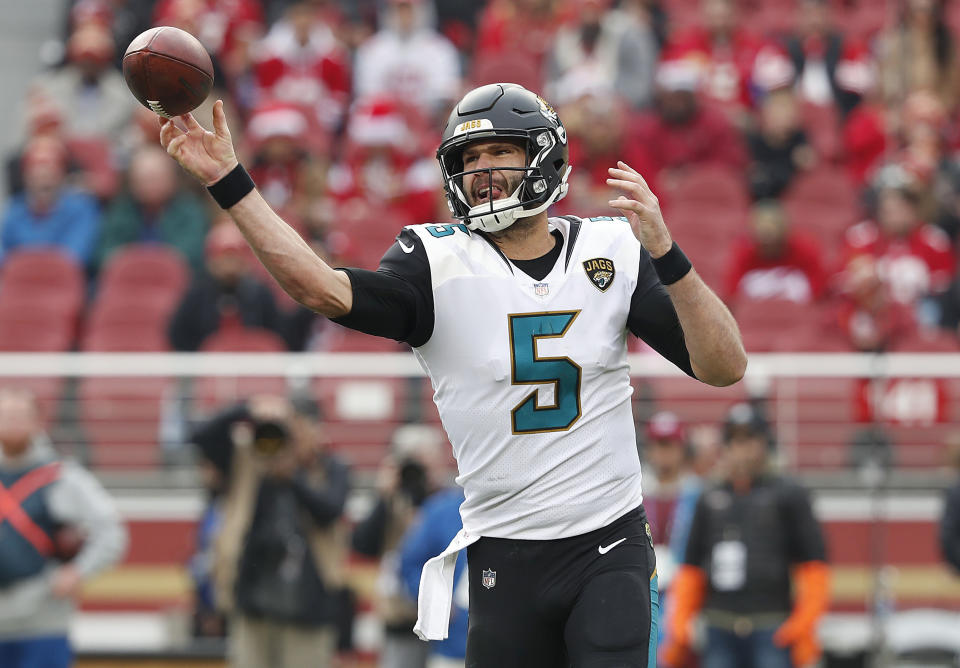 Jacksonville Jaguars quarterback Blake Bortles is finally beginning to look like a franchise quarterback. In terms of his first three seasons in the NFL, Bortles’ first-year offensive coordinator, Nathaniel Hackett, tells Yahoo Sports: “Blake has not been an efficient quarterback.” (AP)